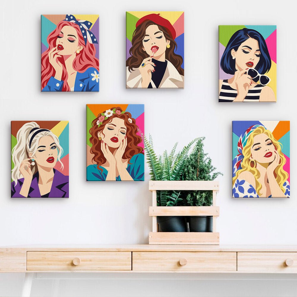 Glam Pop Girls mini paintings displayed on a wall