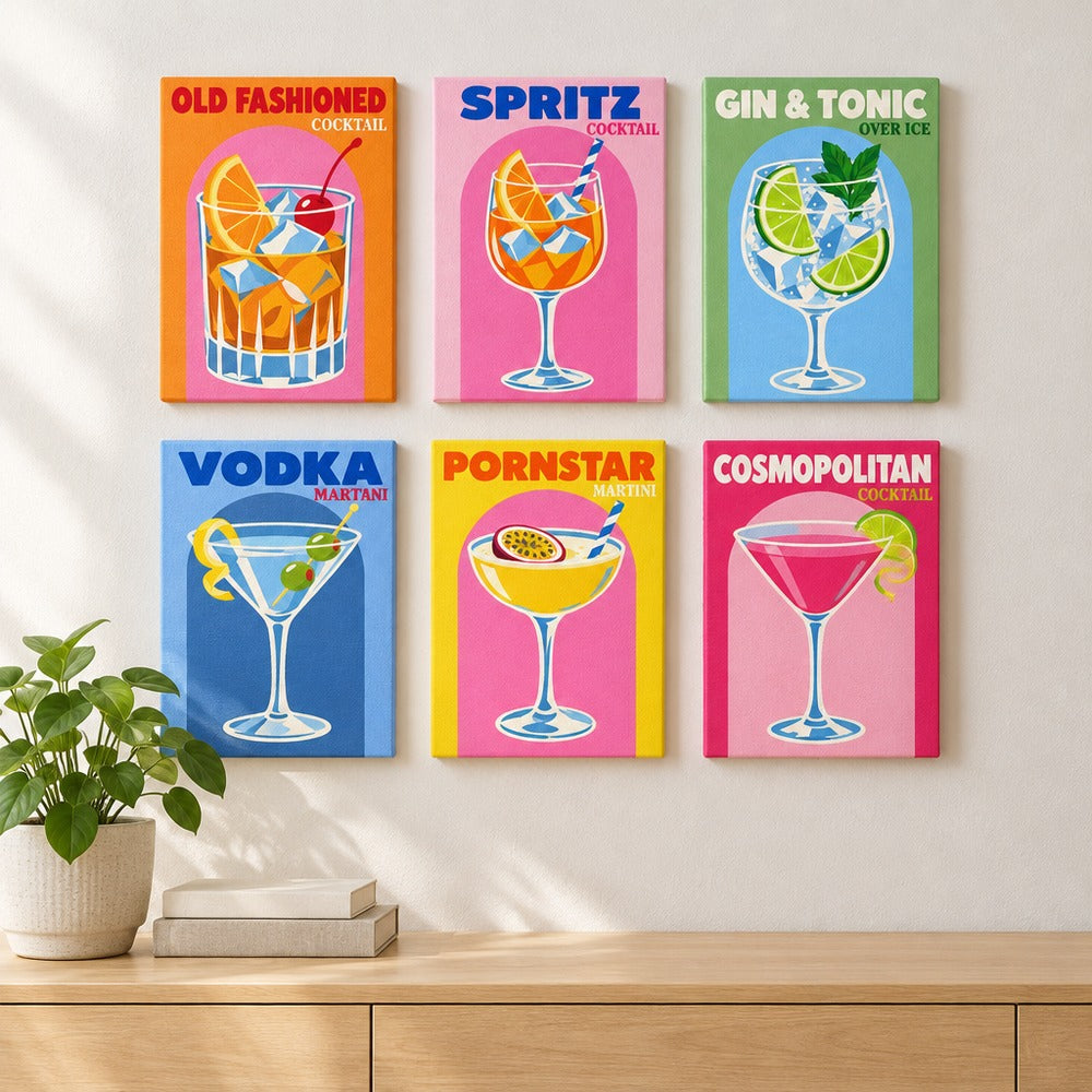 Golden Hour Sips mini paintings displayed on a wall