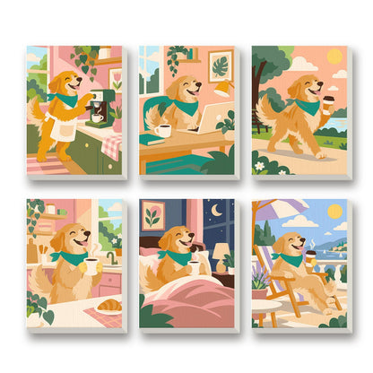 Golden Pup Days – set of 6 mini paint by numbers canvases