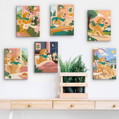 Golden Pup Days mini paintings displayed on a wall