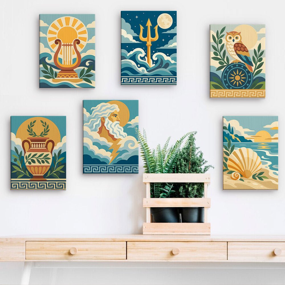 Greek Myths mini paintings displayed on a wall