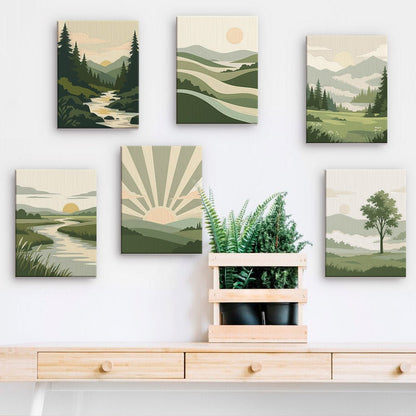 Green Valleys mini paintings displayed on a wall