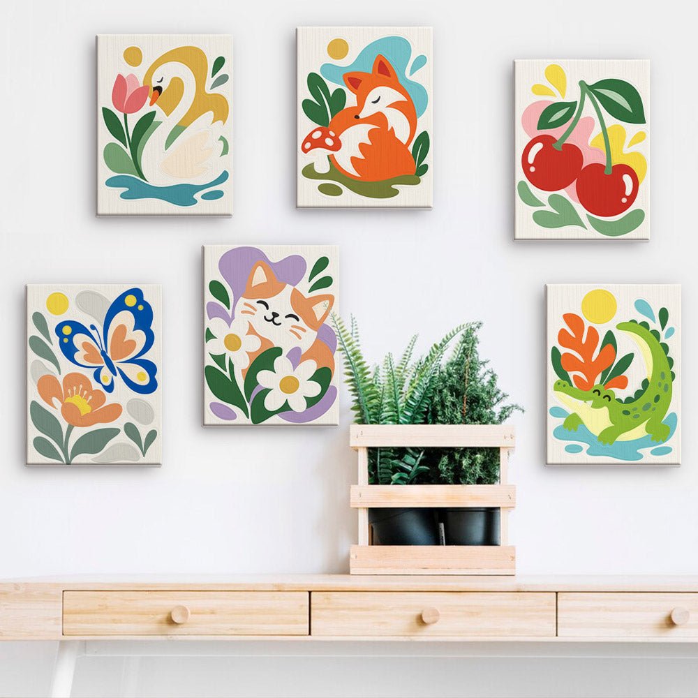 Happy Garden Animals mini paintings displayed on a wall