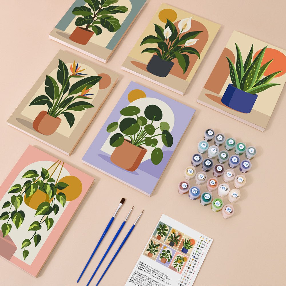 Everything in the Happy House Plants mini painting kit