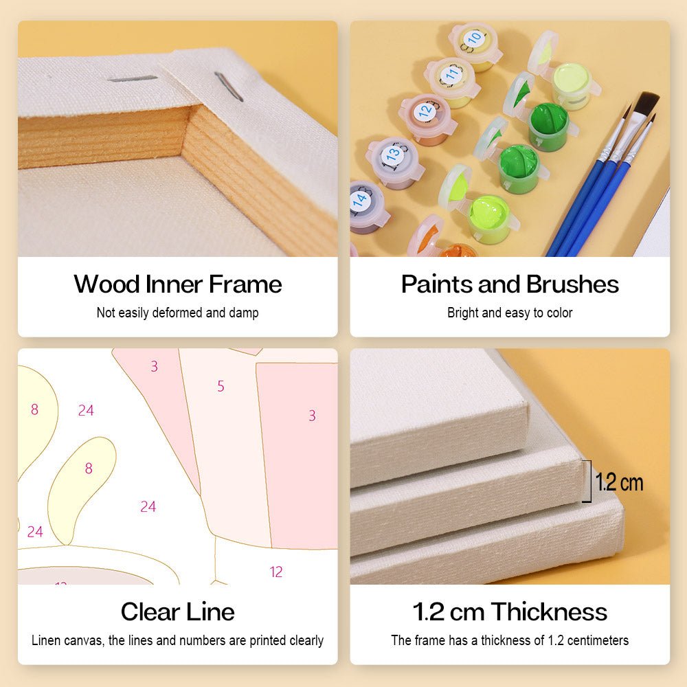 Wood inner frame, paints and brushes, clear lines, 1.2 cm thickness