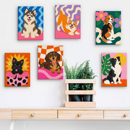 Happy Pups mini paintings displayed on a wall
