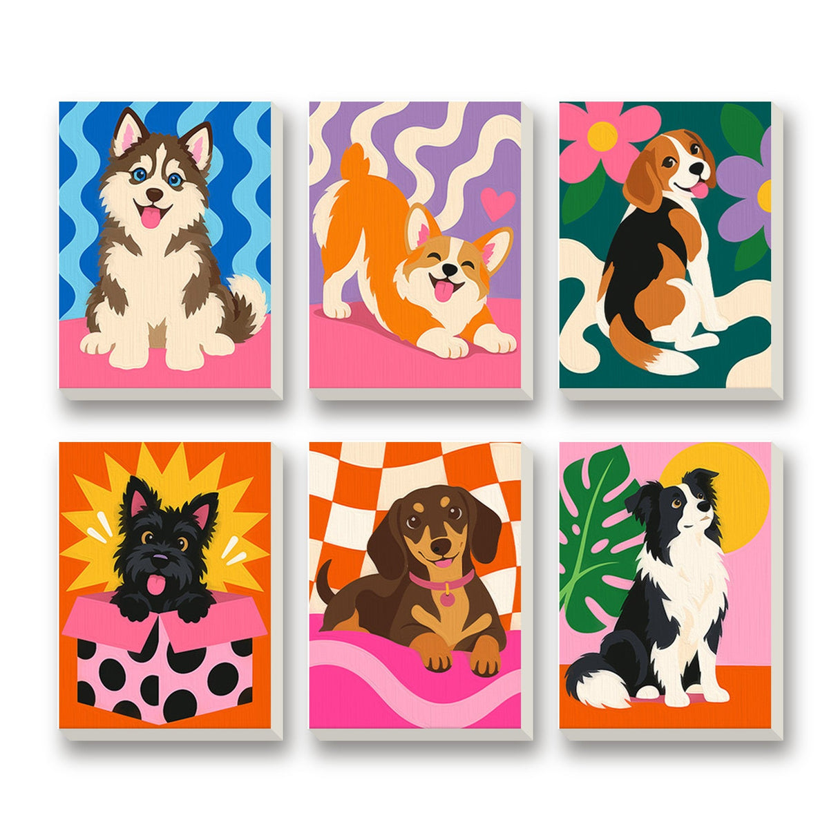 Happy Pups – set of 6 mini paint by numbers canvases