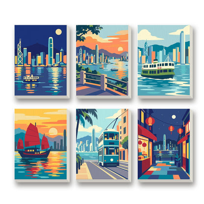 Harbor City Nights – set of 6 mini paint by numbers canvases