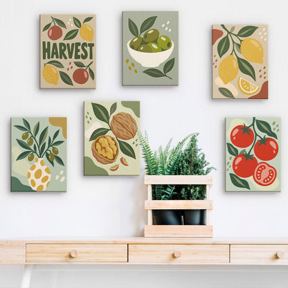 Harvest Kitchen mini paintings displayed on a wall
