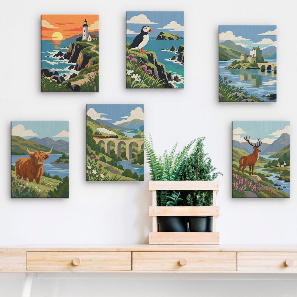 Highland Wilds mini paintings displayed on a wall