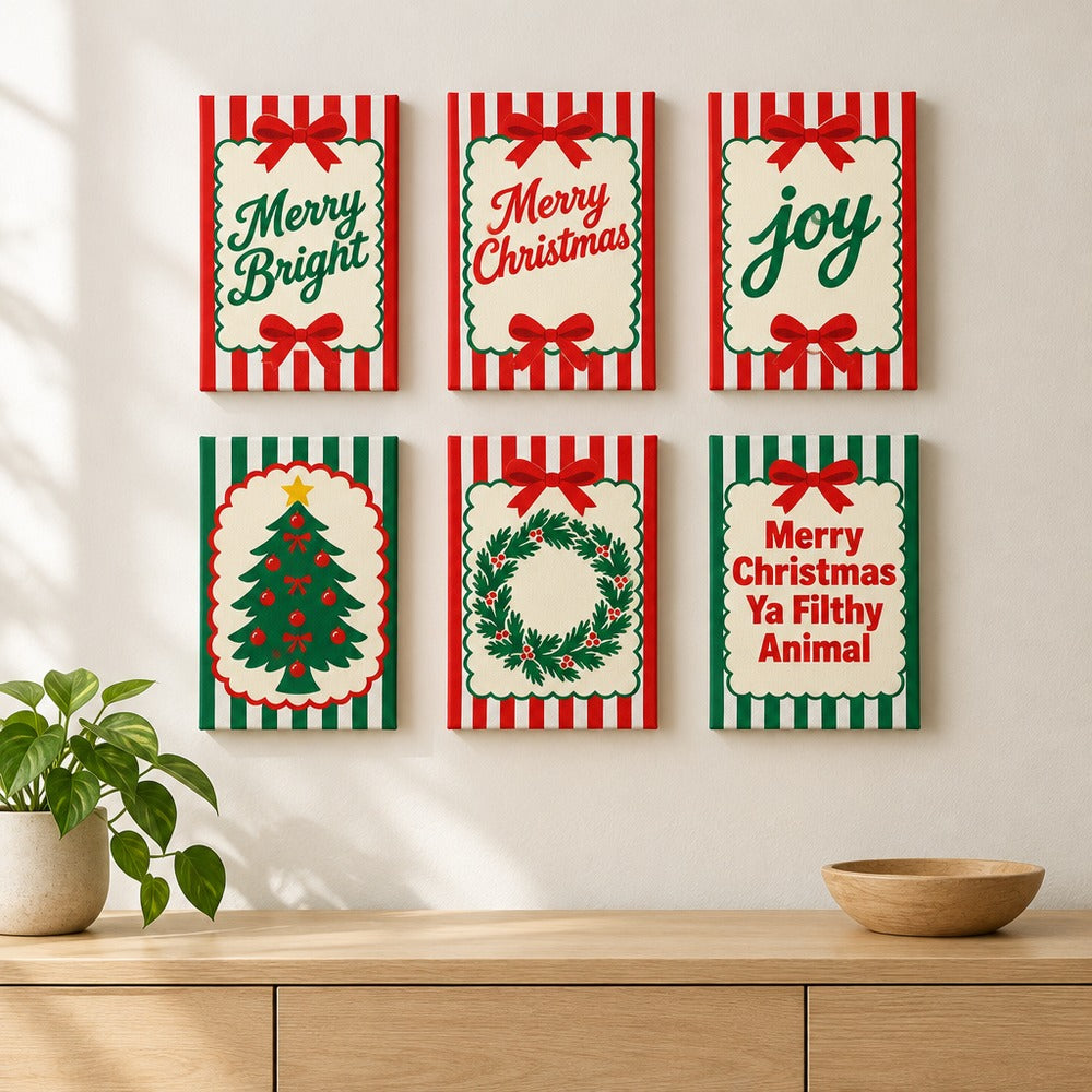 Holiday Glow Studio mini paintings displayed on a wall
