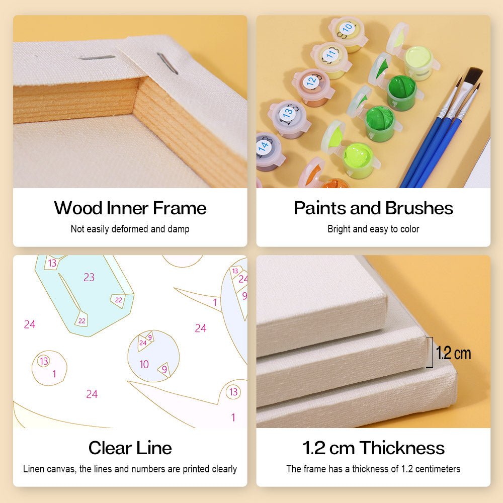 Wood inner frame, paints and brushes, clear lines, 1.2 cm thickness