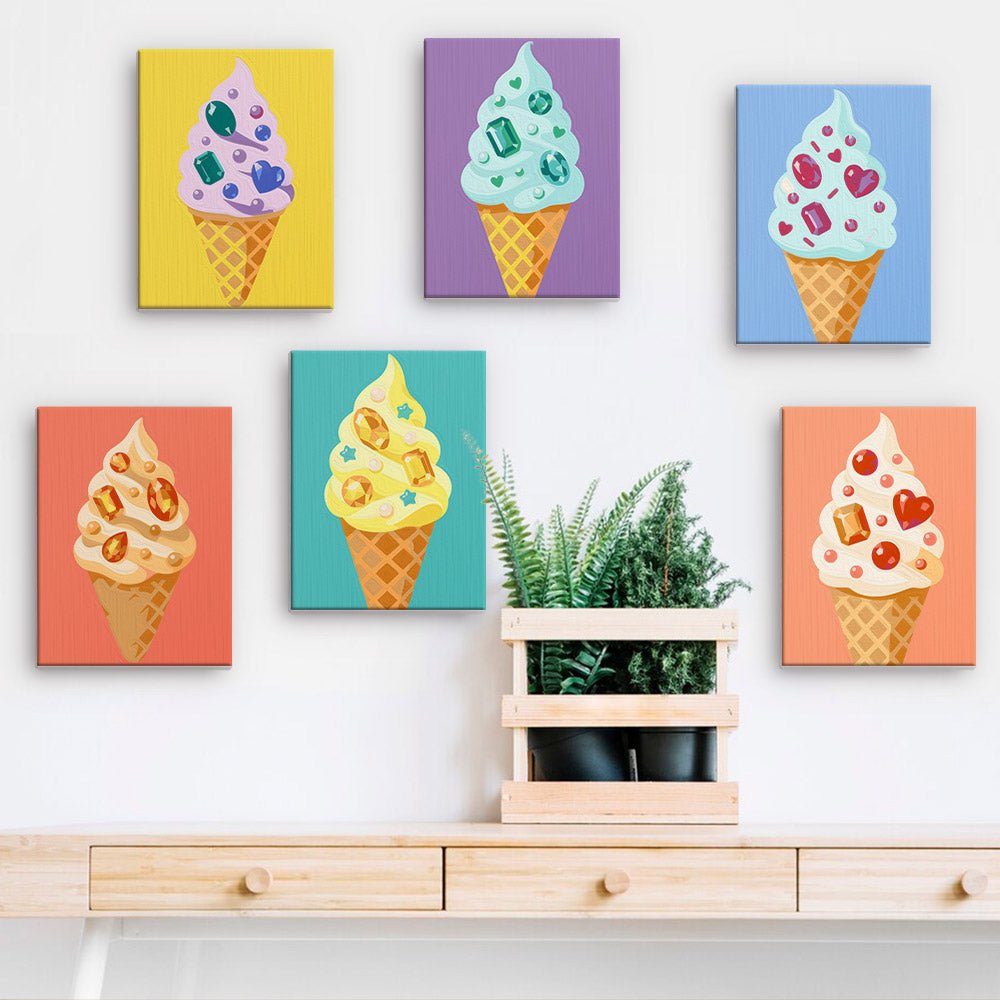Ice Cream Cones mini paintings displayed on a wall