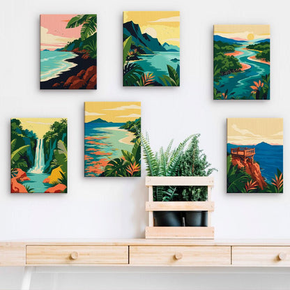 Jungle Coasts mini paintings displayed on a wall