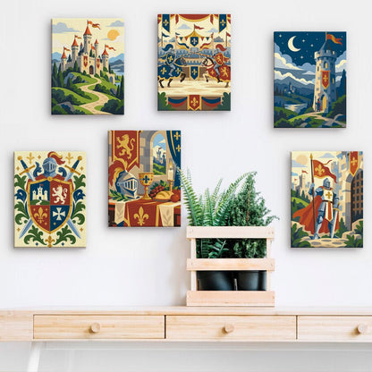 Knights and Castles mini paintings displayed on a wall