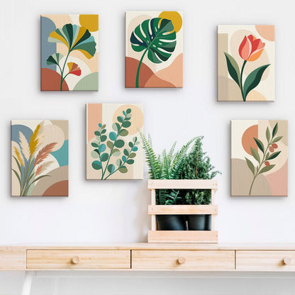 Leaf Abstracts mini paintings displayed on a wall