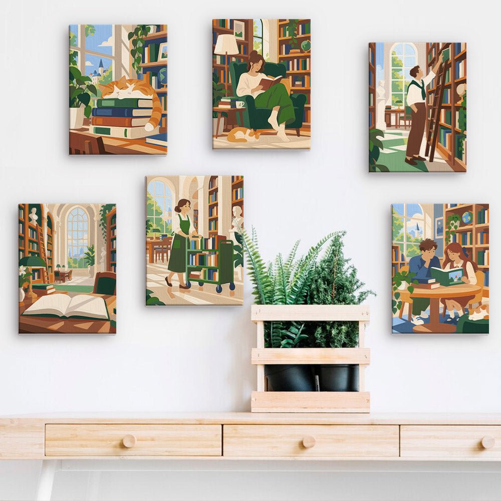 Library Hideaways mini paintings displayed on a wall