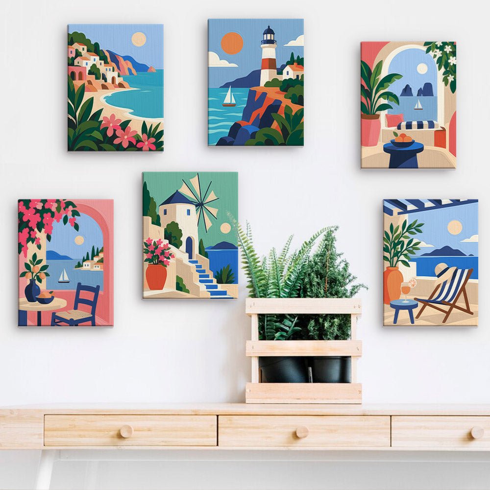 Lighthouse Coast mini paintings displayed on a wall