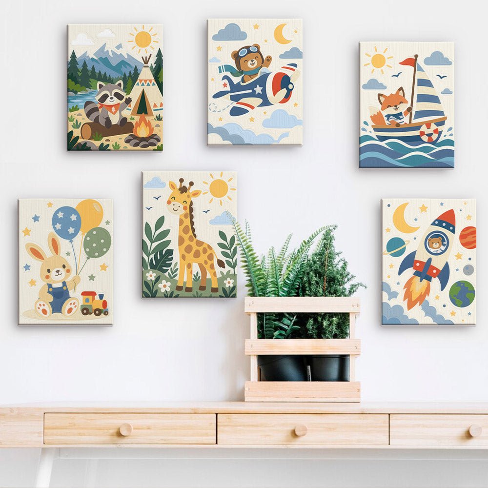 Little Adventurers mini paintings displayed on a wall