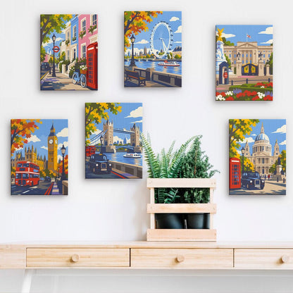 London Calling mini paintings displayed on a wall