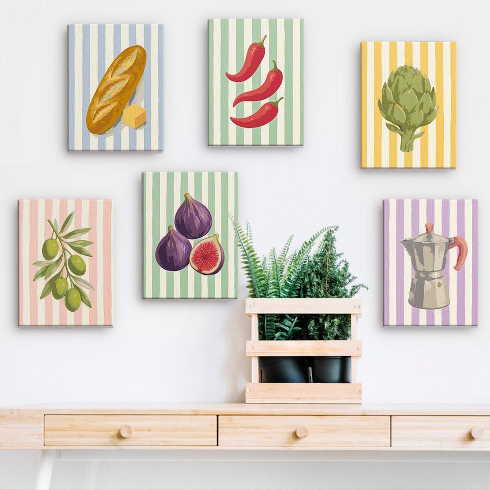 Market Stripes mini paintings displayed on a wall