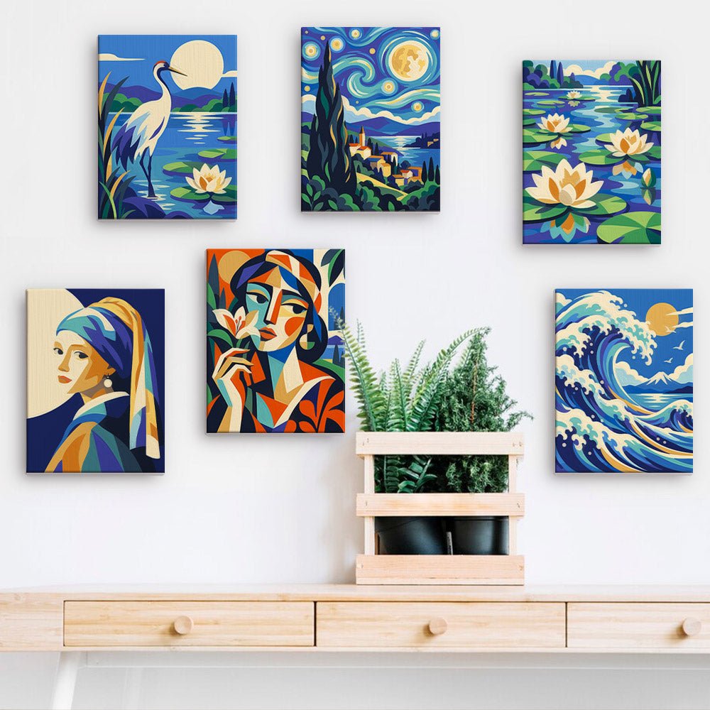 Masterpiece Minis mini paintings displayed on a wall