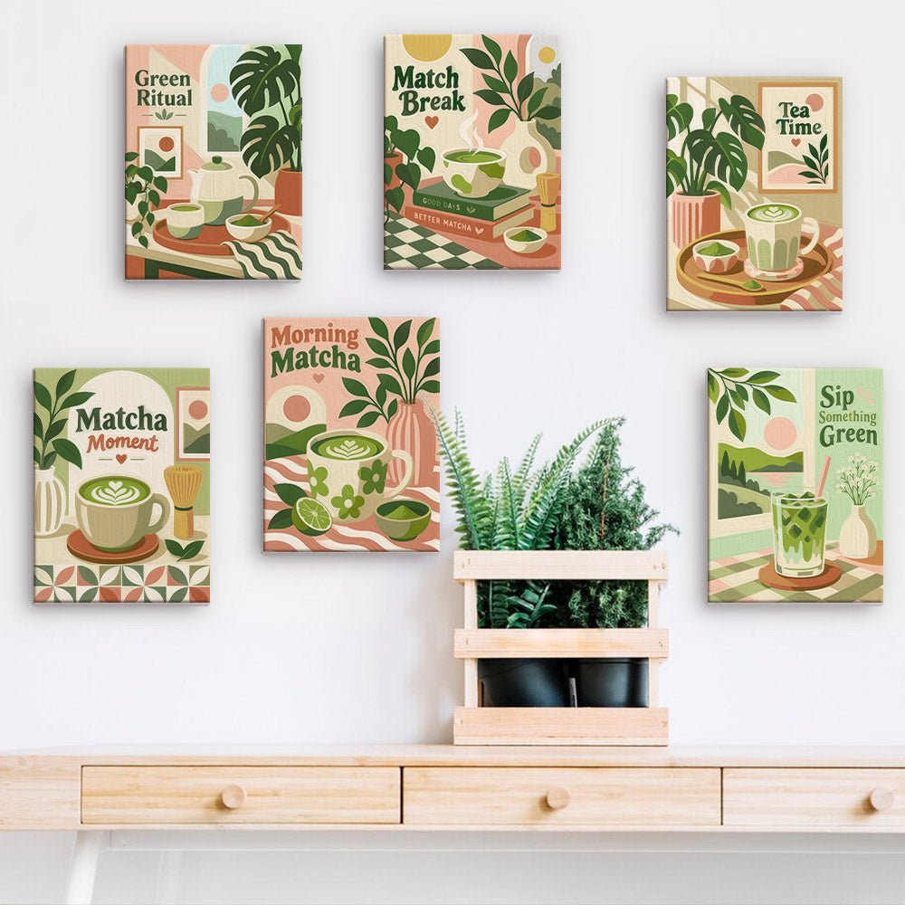 Matcha Moments mini paintings displayed on a wall