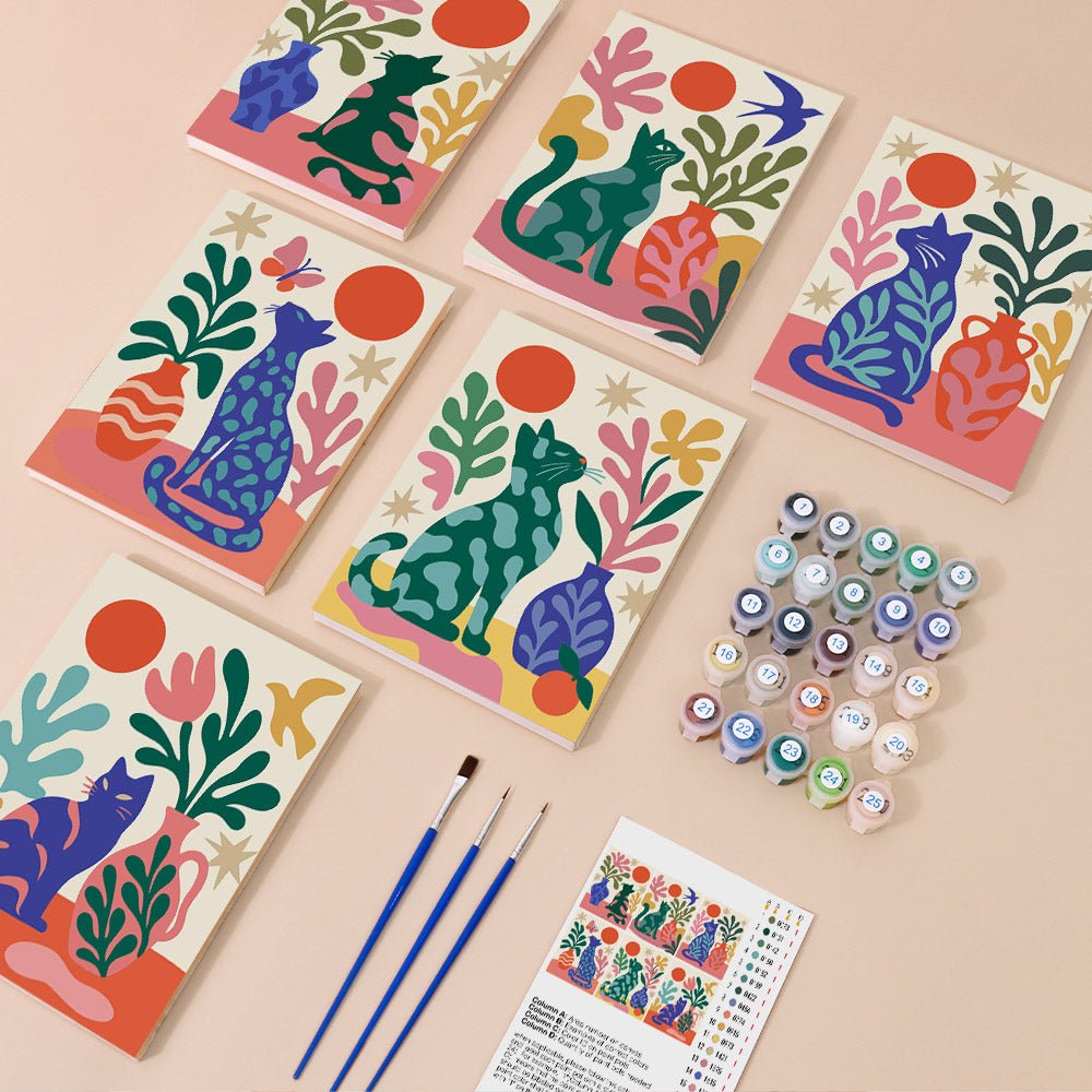 Everything in the Matisse Cats mini painting kit
