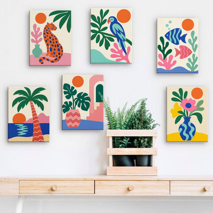 Matisse Jungle mini paintings displayed on a wall