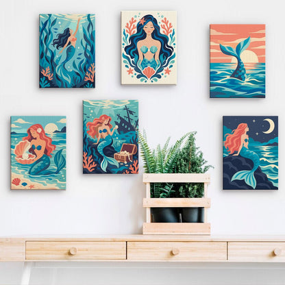 Mermaid Lagoon mini paintings displayed on a wall