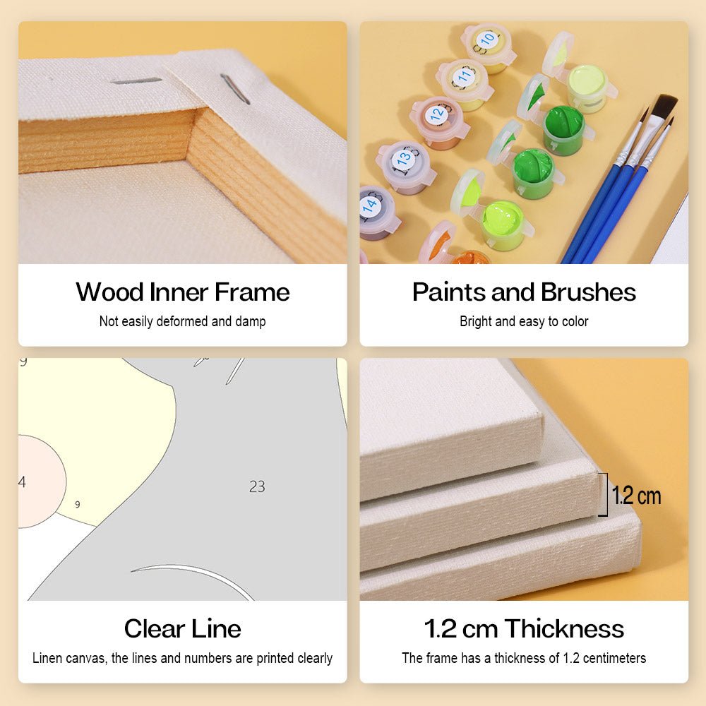 Wood inner frame, paints and brushes, clear lines, 1.2 cm thickness