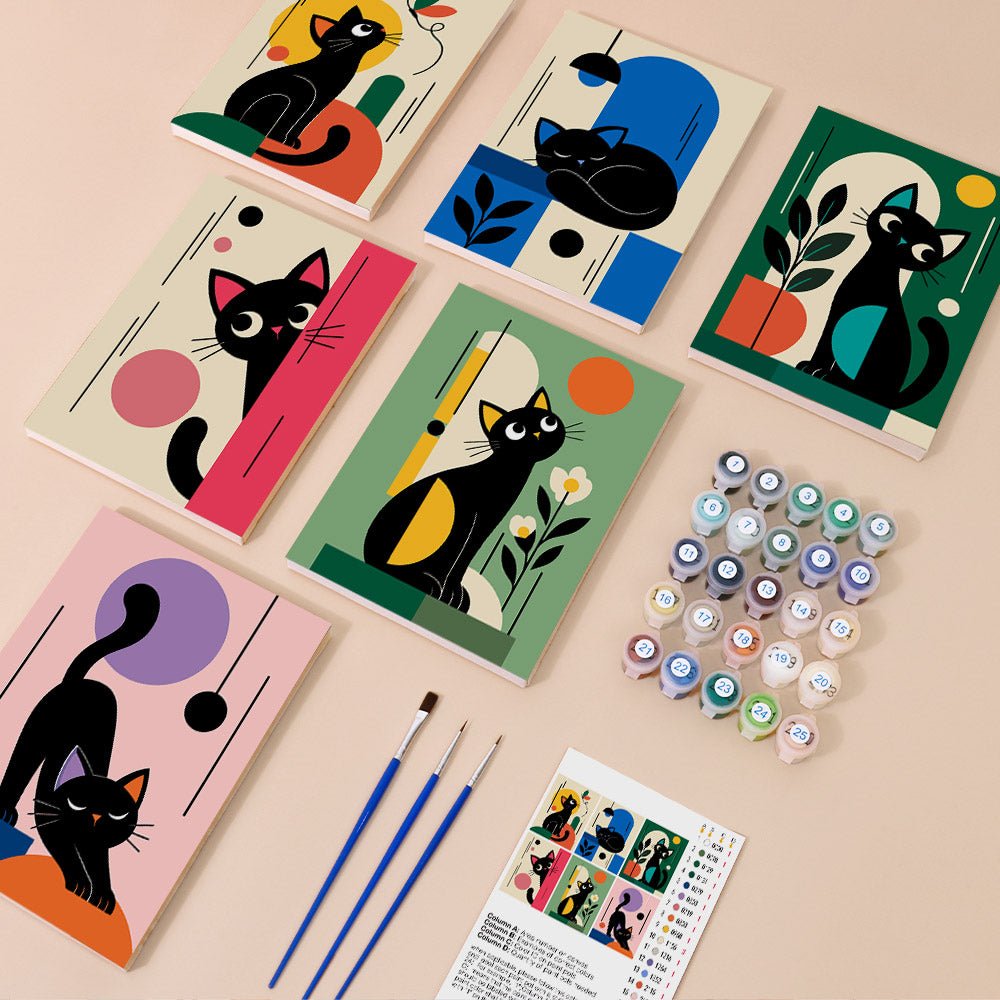 Everything in the Mid-Century Cats mini painting kit