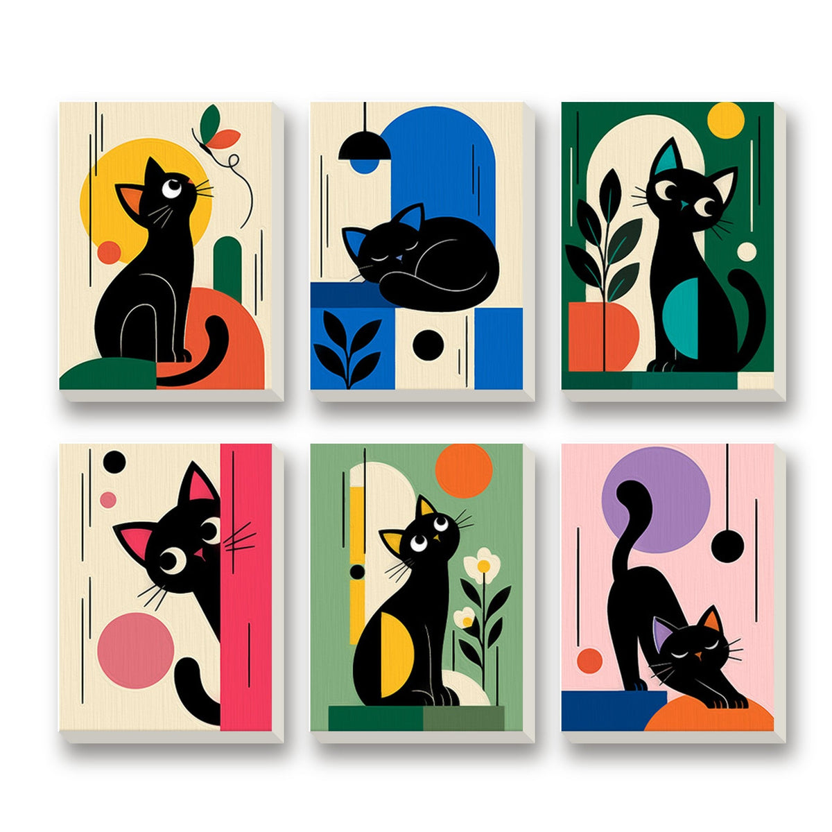 Mid-Century Cats – set of 6 mini paint by numbers canvases