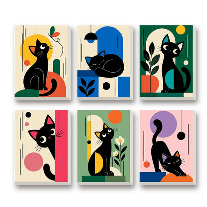 Mid-Century Cats – set of 6 mini paint by numbers canvases