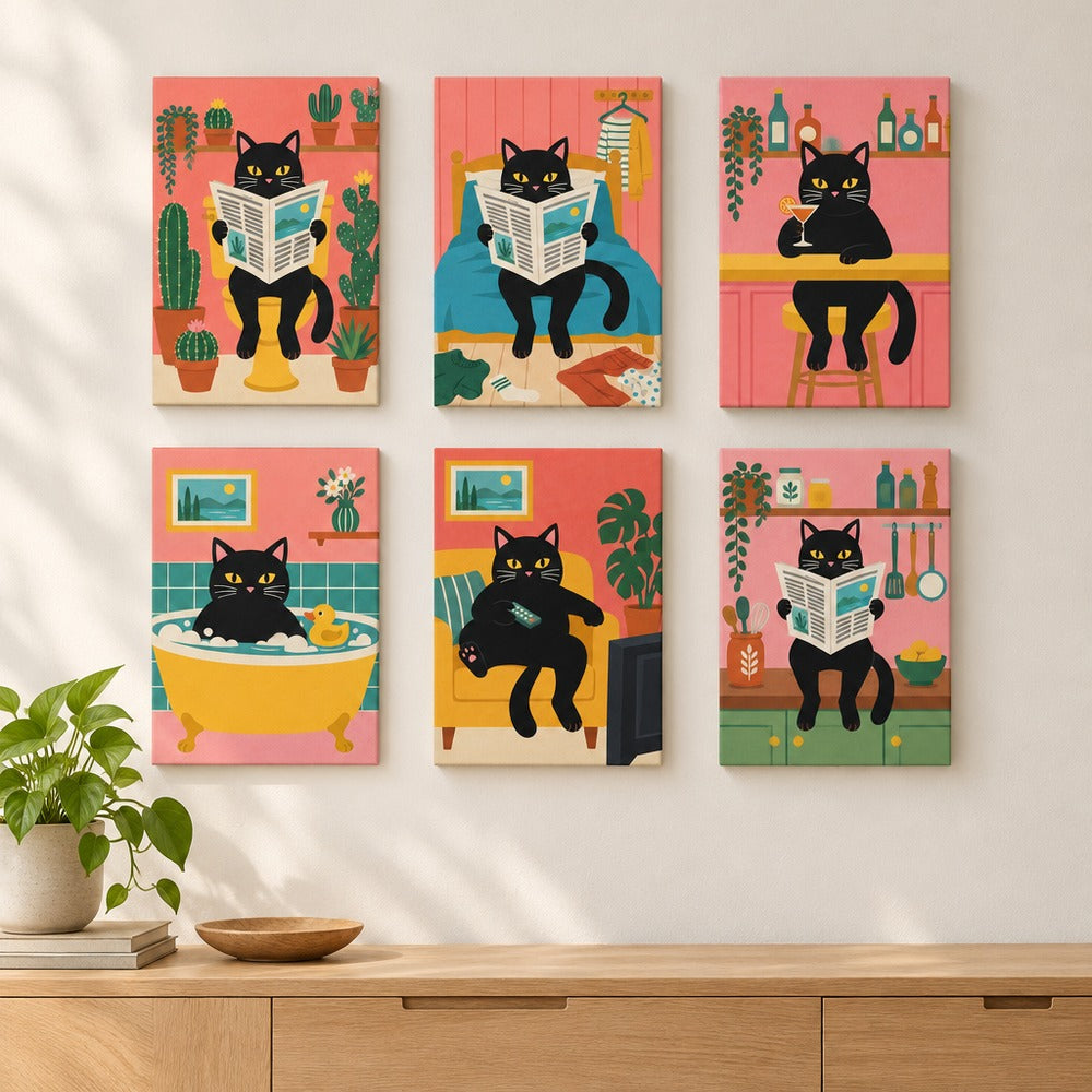 Midnight Reading Nook mini paintings displayed on a wall