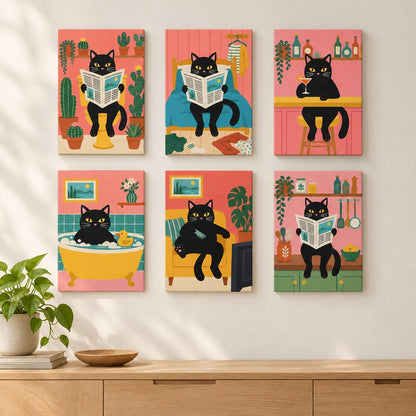 Midnight Reading Nook mini paintings displayed on a wall