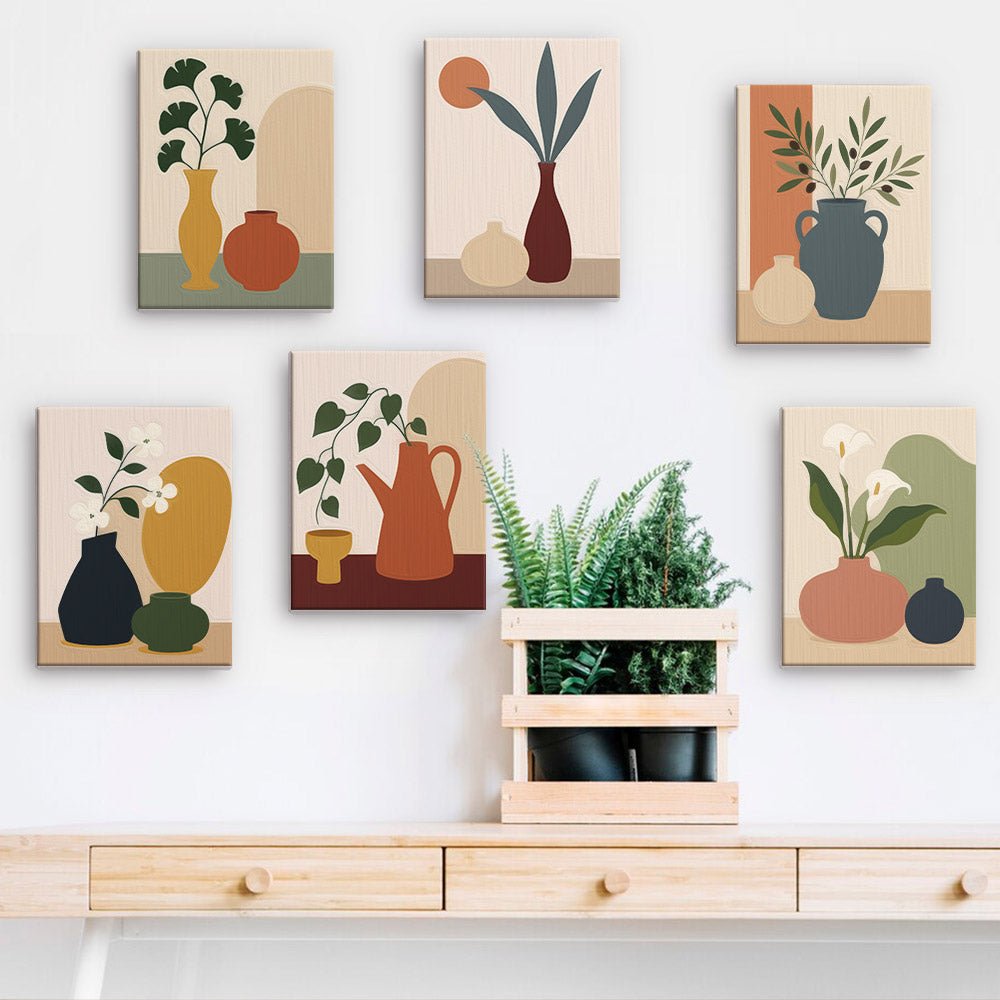 Minimal Vase Studies mini paintings displayed on a wall