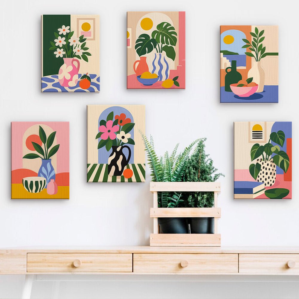 Mod Plant Corners mini paintings displayed on a wall