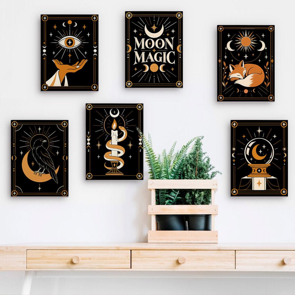 Moon Magic mini paintings displayed on a wall