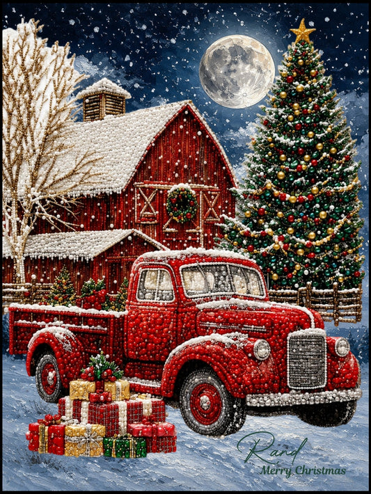 Moonlit Christmas at the Red Barn - Pearl Painting - Judy Paint