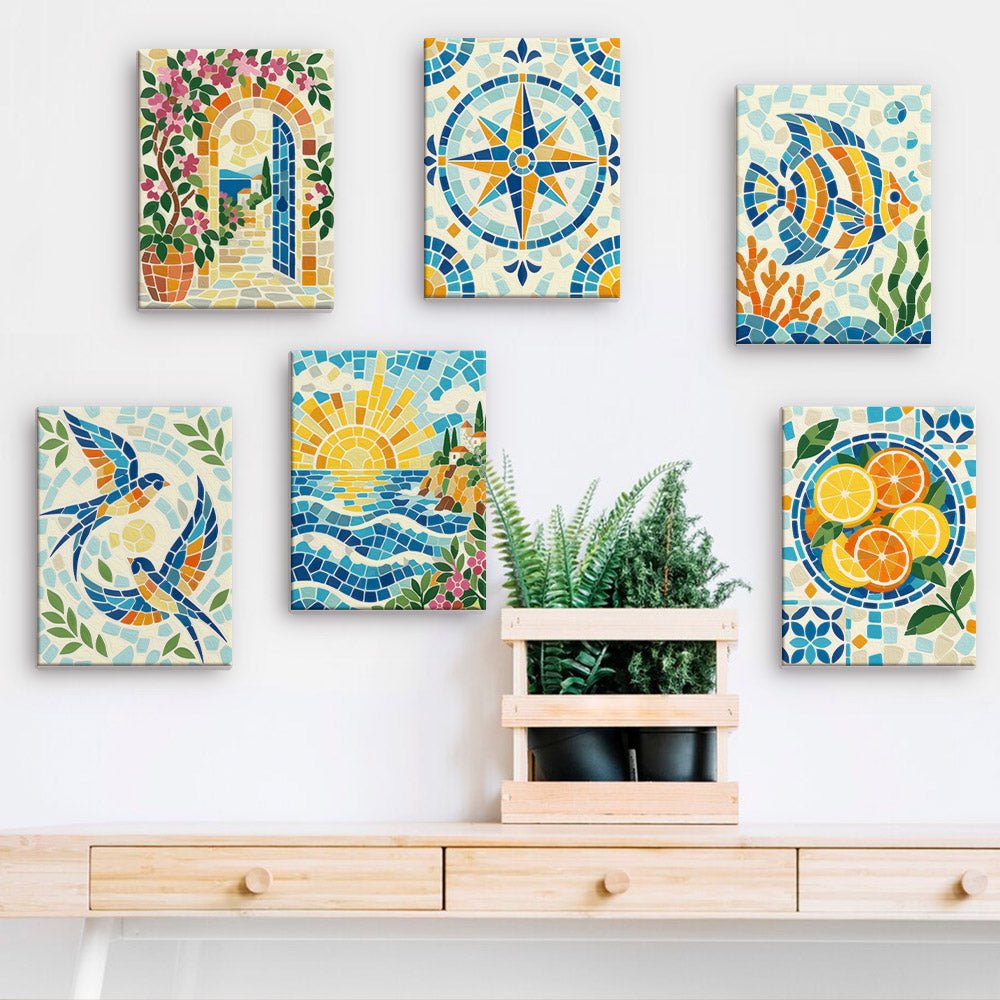 Mosaic Summer mini paintings displayed on a wall