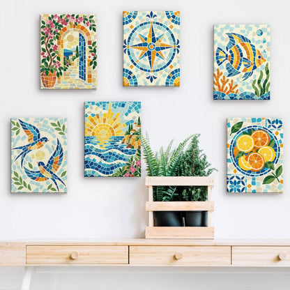 Mosaic Summer mini paintings displayed on a wall