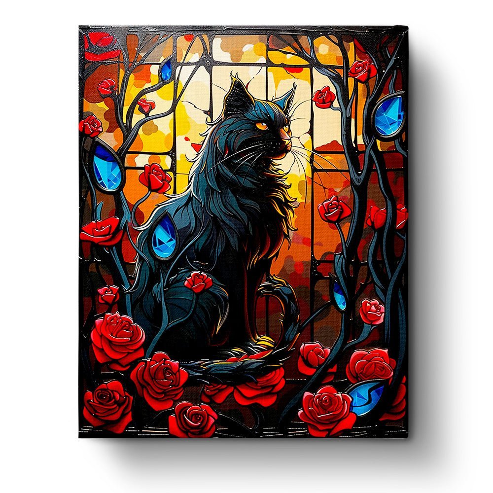 Mystical Black Cat and Roses - Halloween - Judy Paint