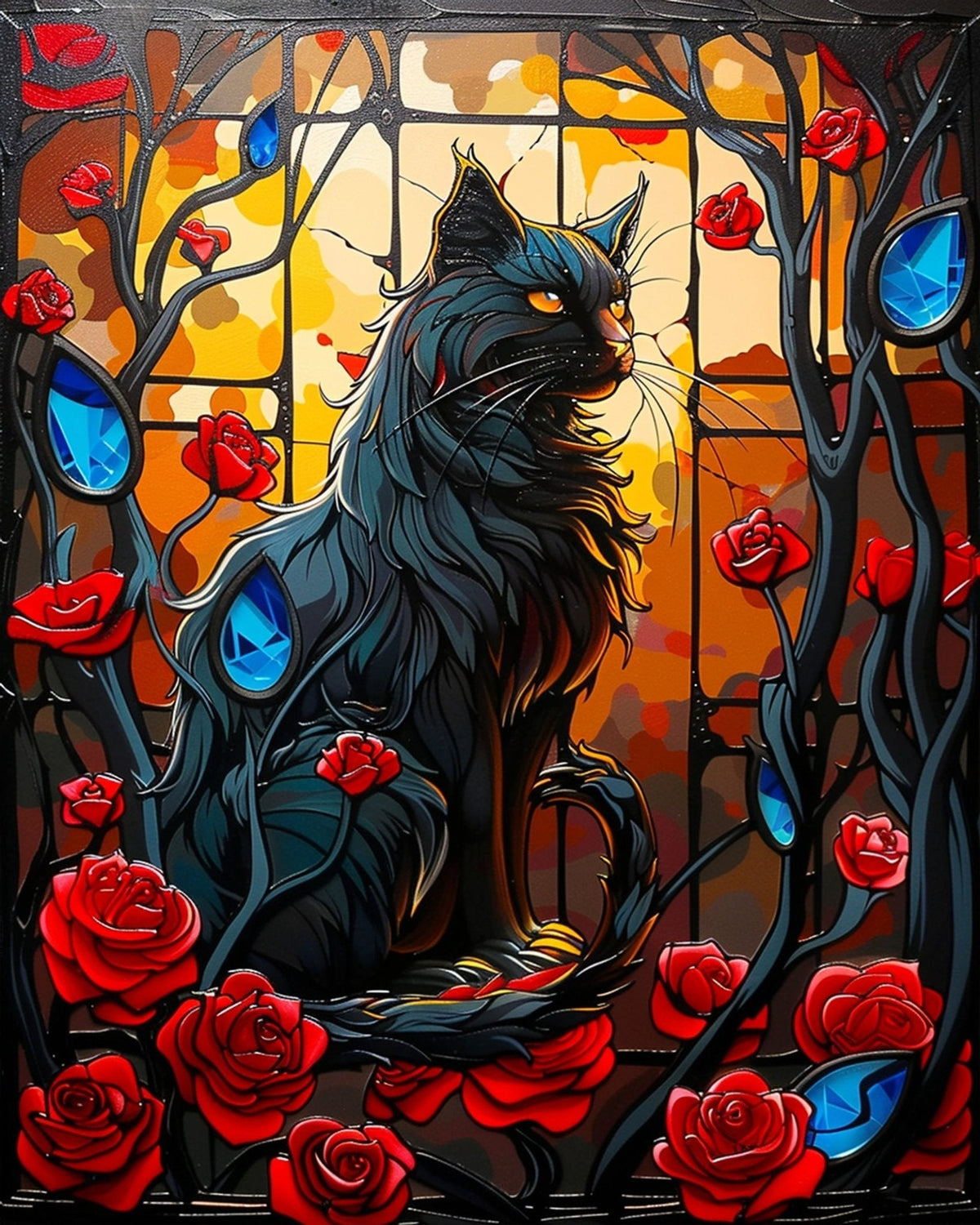 Mystical Black Cat and Roses - Halloween - Judy Paint