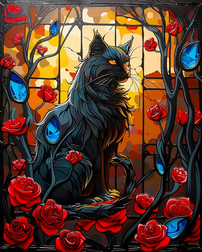 Mystical Black Cat and Roses - Halloween - Judy Paint