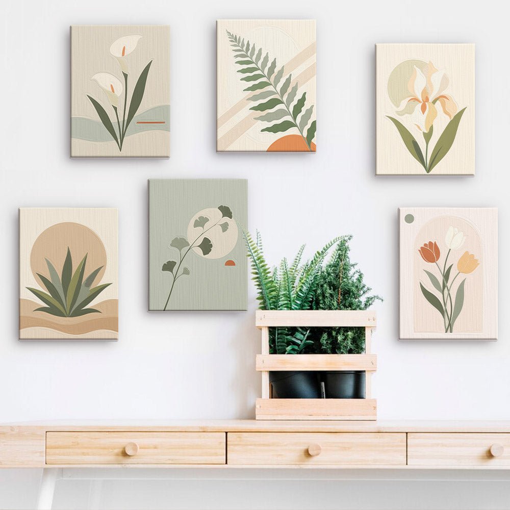 Neutral Botanicals mini paintings displayed on a wall