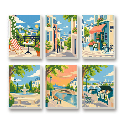 Old Town Strolls – set of 6 mini paint by numbers canvases