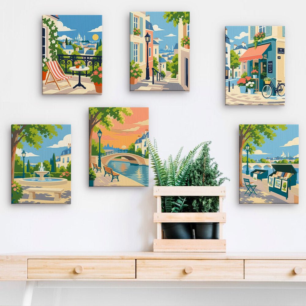 Old Town Strolls mini paintings displayed on a wall