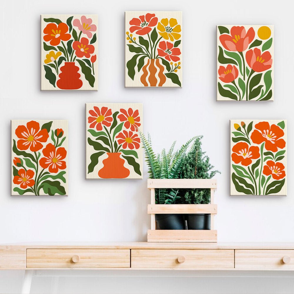 Orange Poppy Vases mini paintings displayed on a wall
