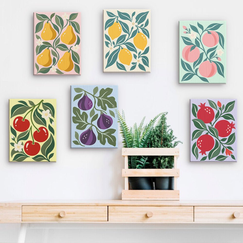 Orchard Patterns mini paintings displayed on a wall